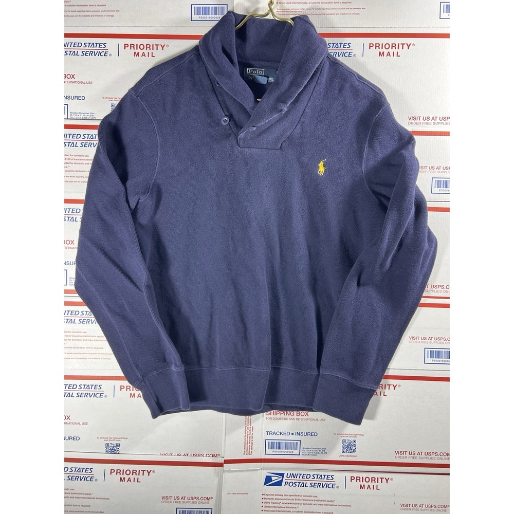 VINTAGE Polo Ralph‎ Lauren Sweater  Blue Shawl Collar Mens M 1/4 Quarter Button